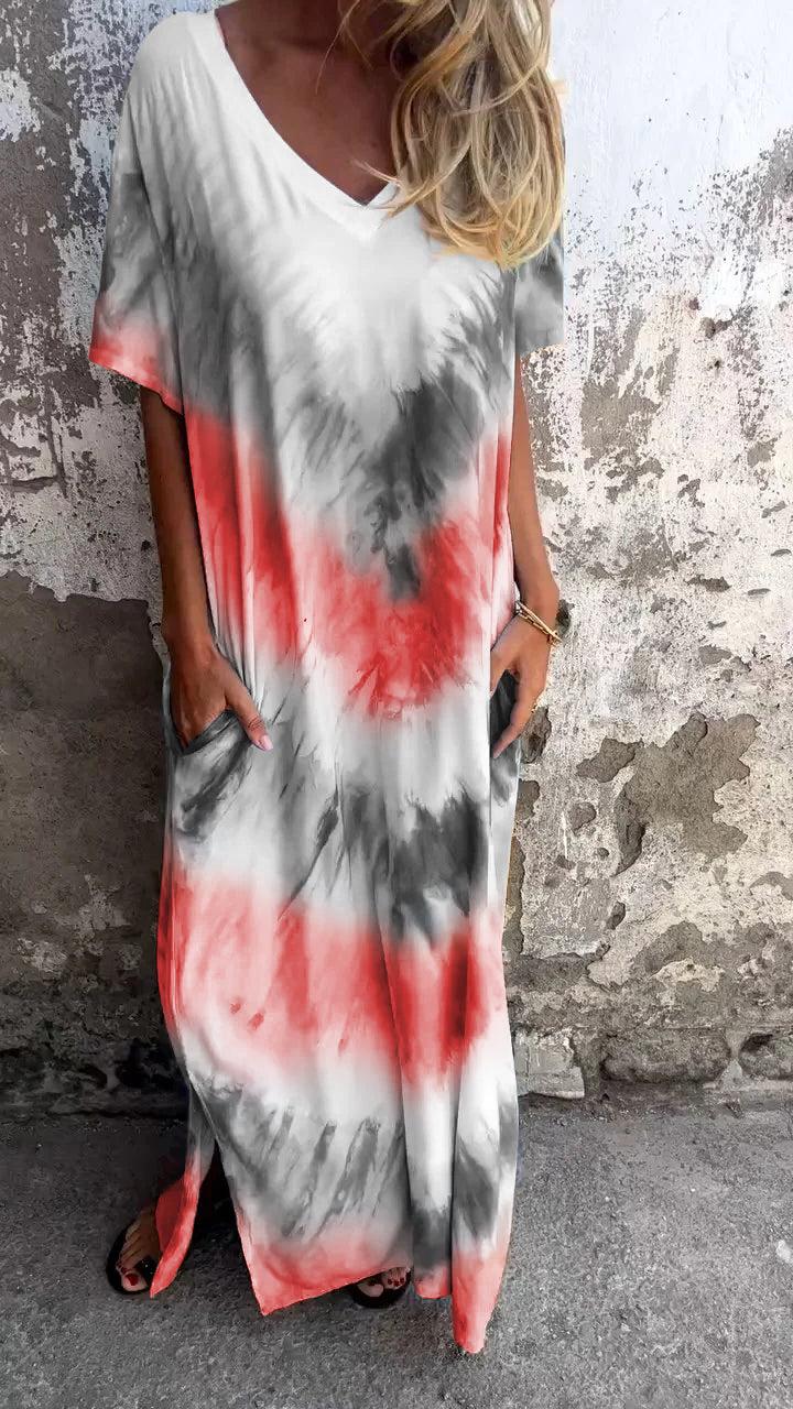 Tunika Tie-Dye V-Decolletage Długa Wygodna Sukienka