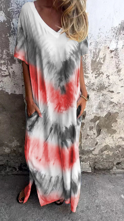 Tunika Tie-Dye V-Decolletage Długa Wygodna Sukienka