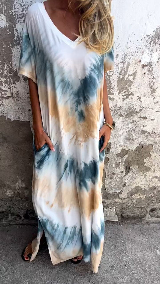 Tunika Tie-Dye V-Decolletage Długa Wygodna Sukienka